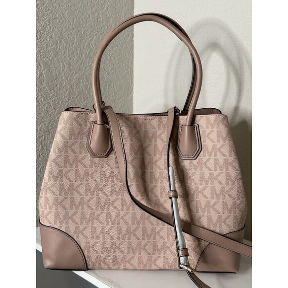 Michael Kors‎ Mercer Gallery Medium Center Zip MK Logo Tote Bag Brown/Pink - Picture 2 of 5